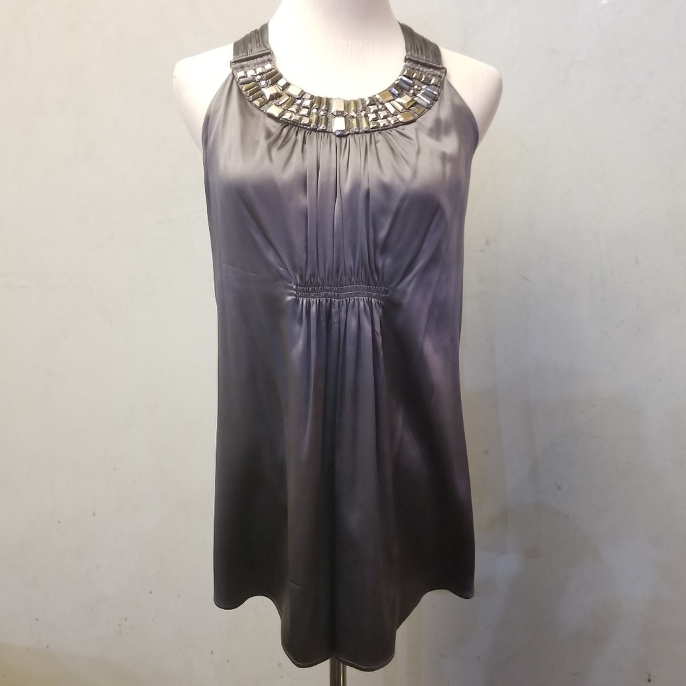 Cache grey beaded neckline  SILK top women's size Small (H33)